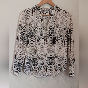 Printed Long-Sleeve V-Neck Rayon Blouse - White with Black & Teal Pattern